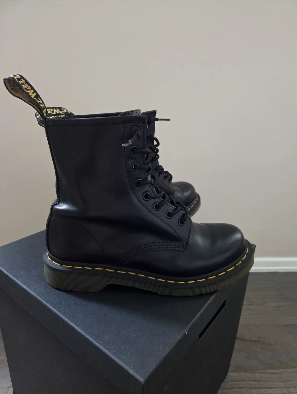 Dr. Martens Black Leather Lace-Up Combat Boots with Yellow Stitching - Picture 4 of 13
